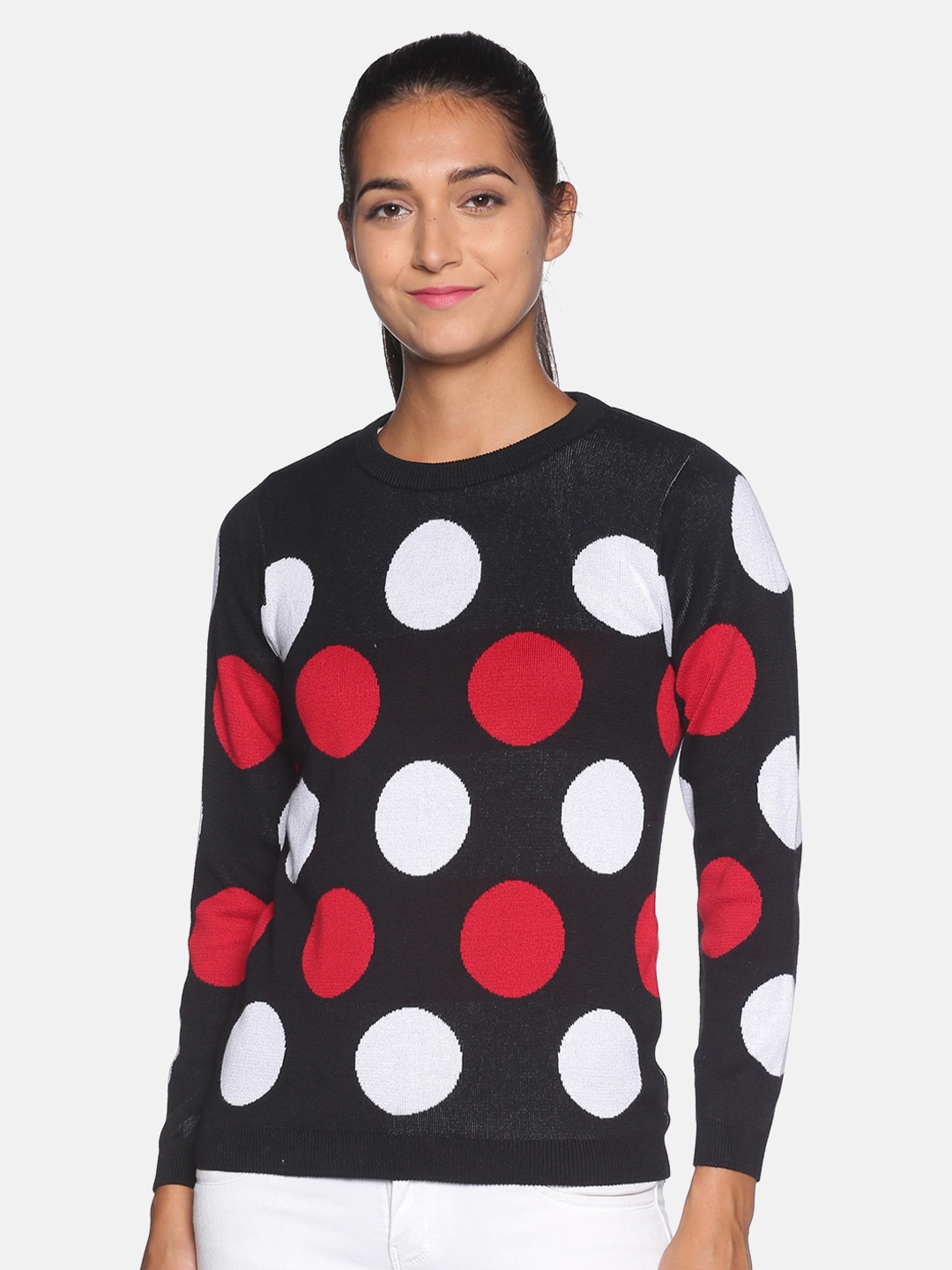

Campus Sutra Women Black & Red Polka Dots Printed Pullover