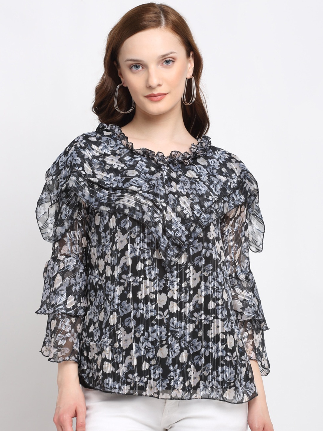 

KLOTTHE Women Black & Multicoloured Floral Print Georgette Regular Top, Multi