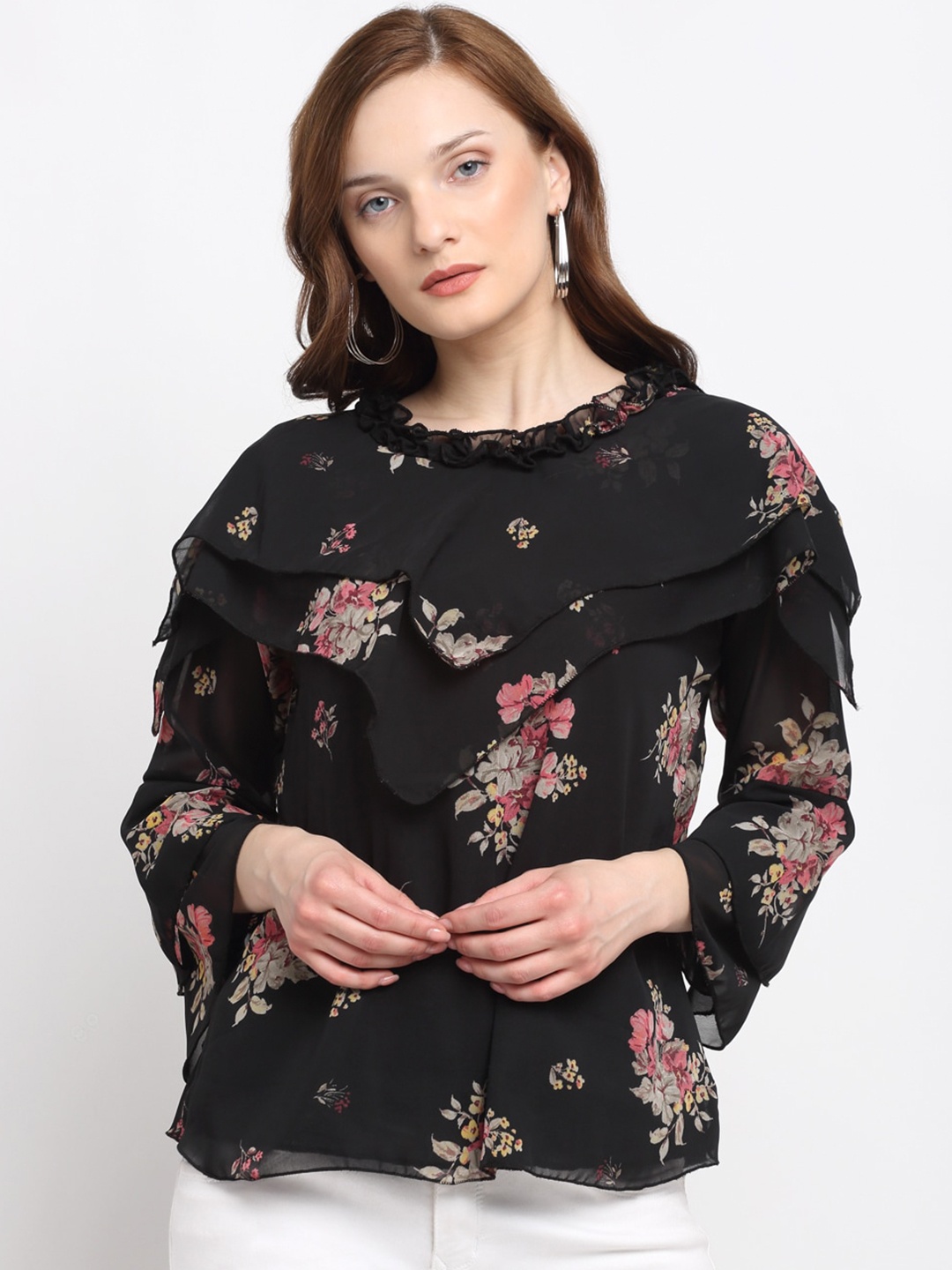 

KLOTTHE Women Black Floral Bell Sleeves Georgette Top