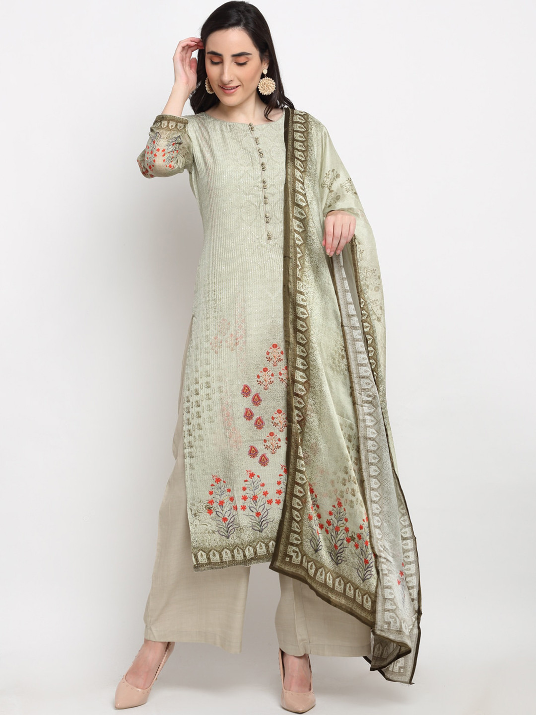 

Stylee LIFESTYLE Olive Green Pure Silk Unstitched Dress Material