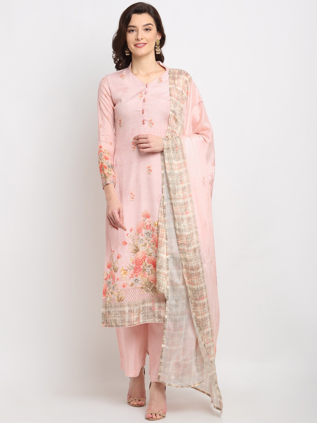 

Stylee LIFESTYLE Olive Green & Pink Printed Pure Silk Unstitched Dress Material