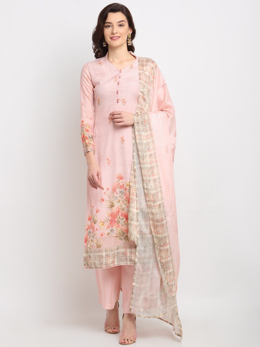 

Stylee LIFESTYLE Pink & Orange Printed Pure Silk Unstitched Dress Material