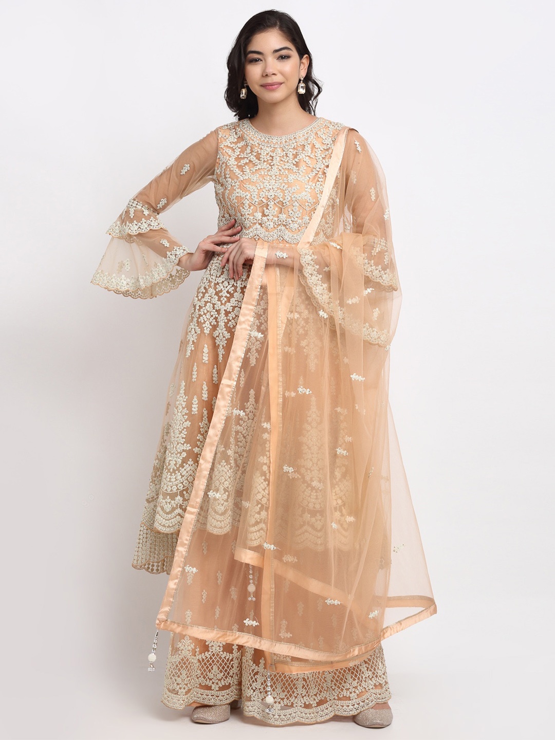 

Stylee LIFESTYLE Peach-Coloured Embroidered Semi-Stitched Dress Material