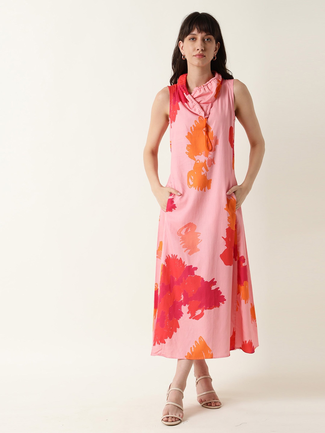 

RAREISM Women Pink & Orange Printed Hooded Midi Dress