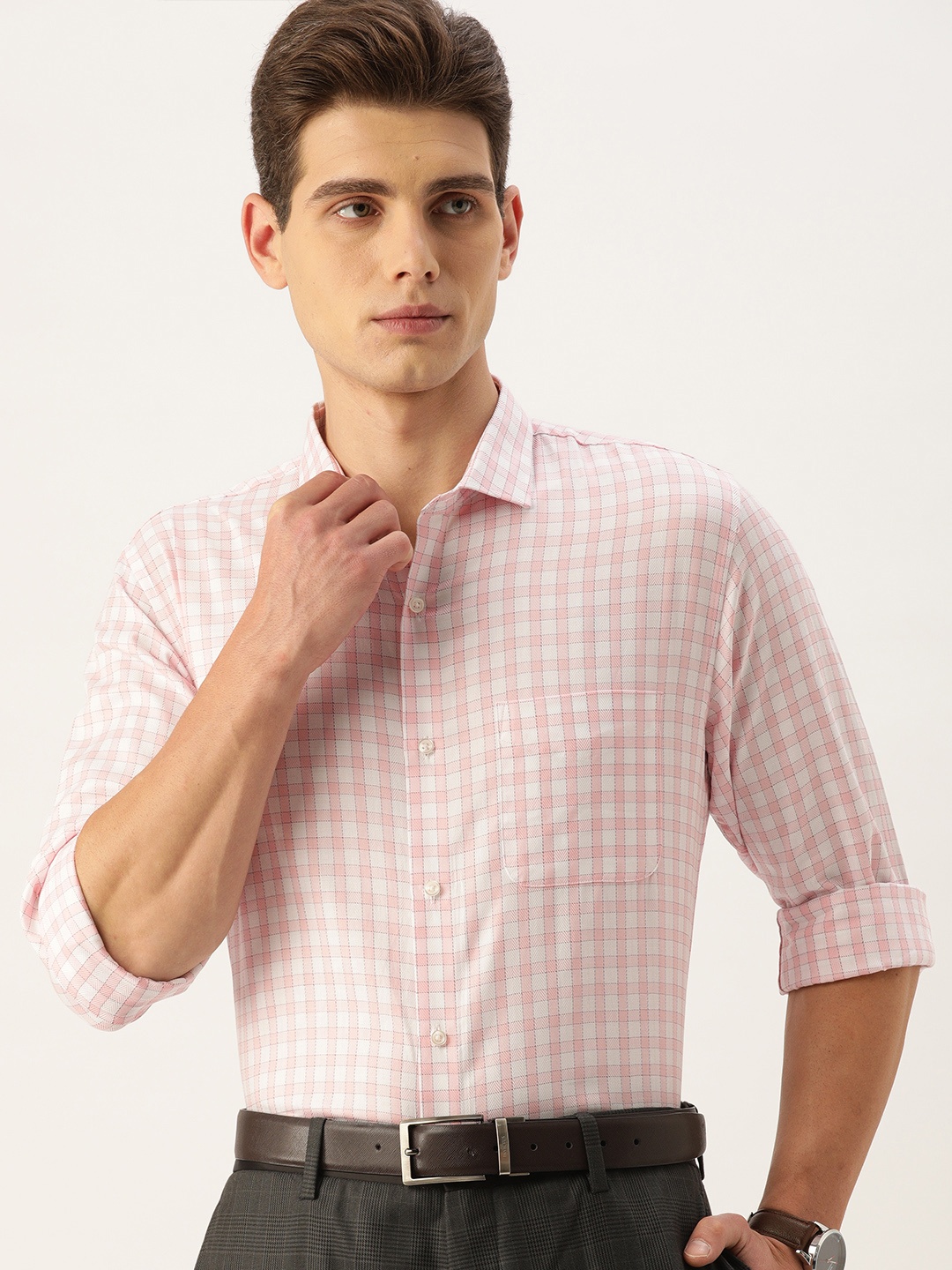 

Peter England Men Pink Slim Fit Shepherd Checked Pure Cotton Formal Shirt