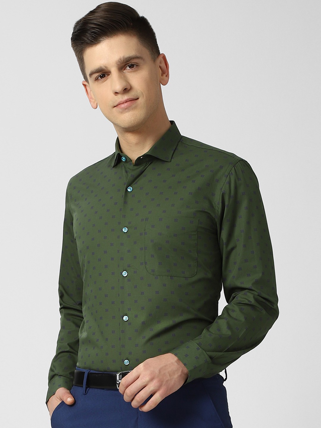 

Peter England Men Olive Green Slim Fit Opaque Printed Pure Cotton Formal Shirt