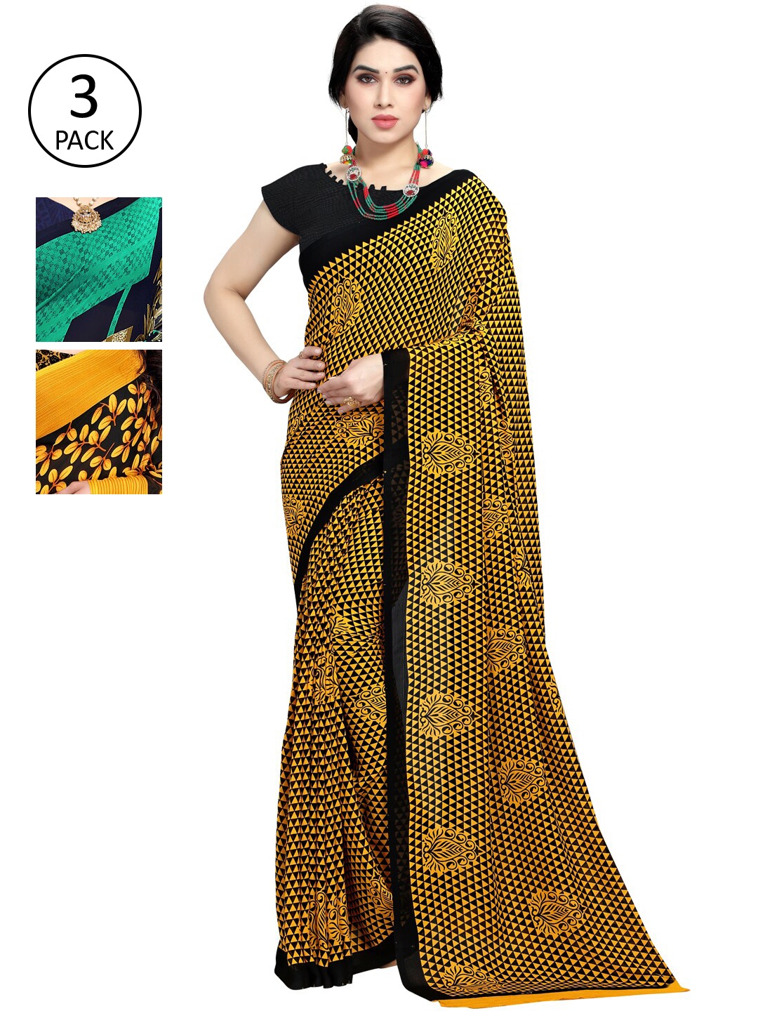 

KALINI Pack of 3 Printed Poly Georgette Saree, Multi