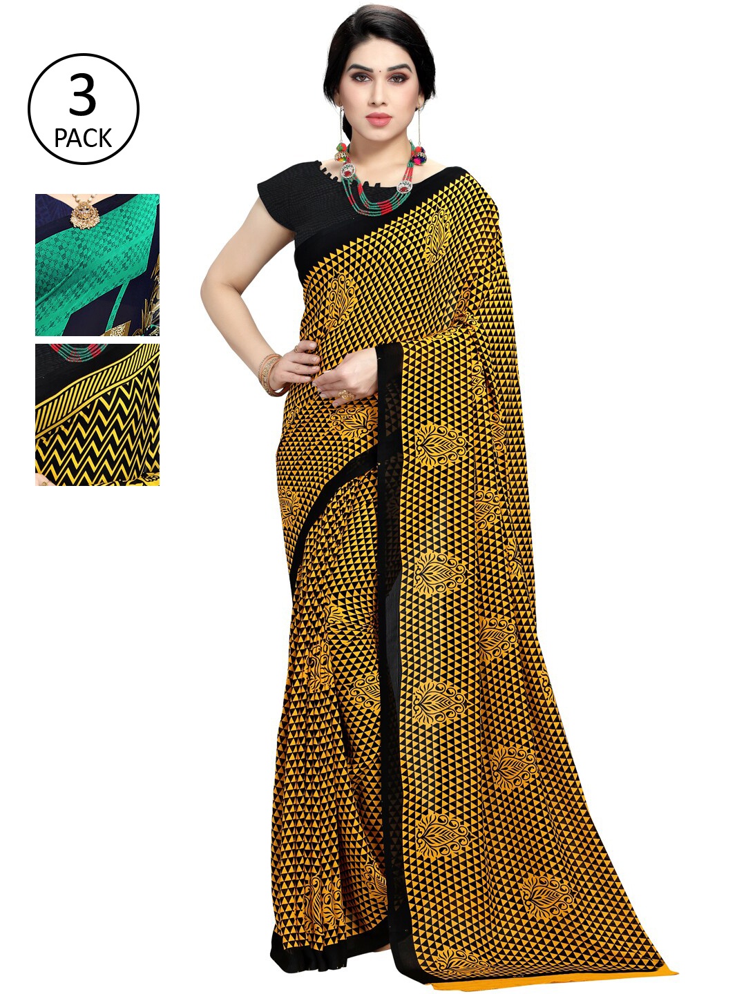 

KALINI Black & Yellow Set Of 3 Printed Sarees