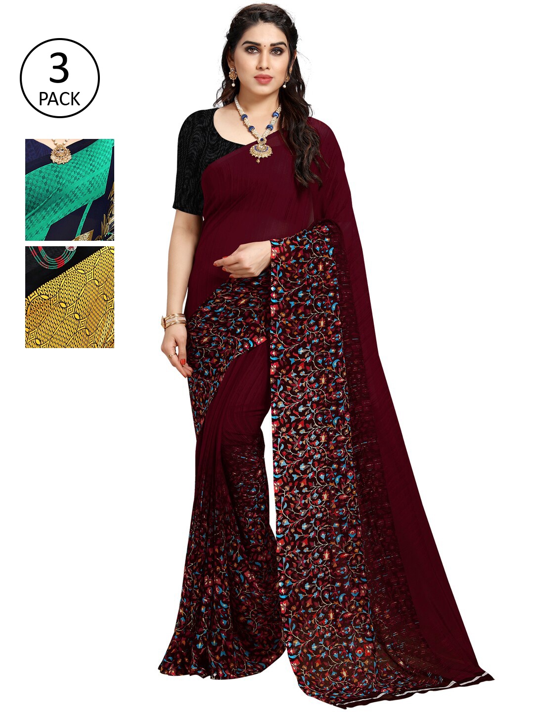 

KALINI Set of 3 Poly Georgette Saree, Multi