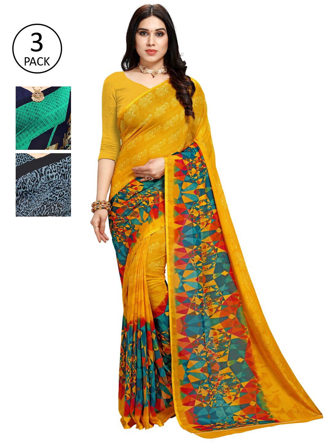 

KALINI Pack Of 3 Green & Yellow Printed Saree