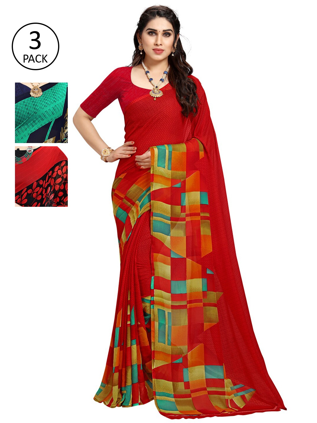 

KALINI Green & Red Pack of 3 Saree