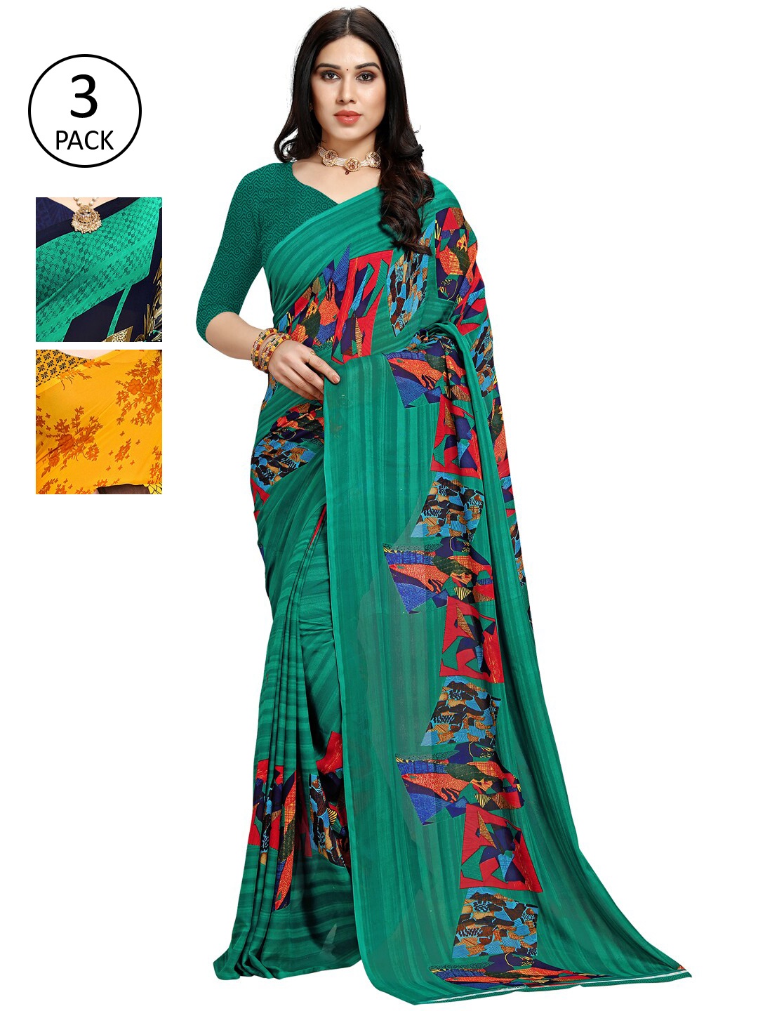 

KALINI Pack Of 3 Poly Georgette Printed Sarees, Yellow