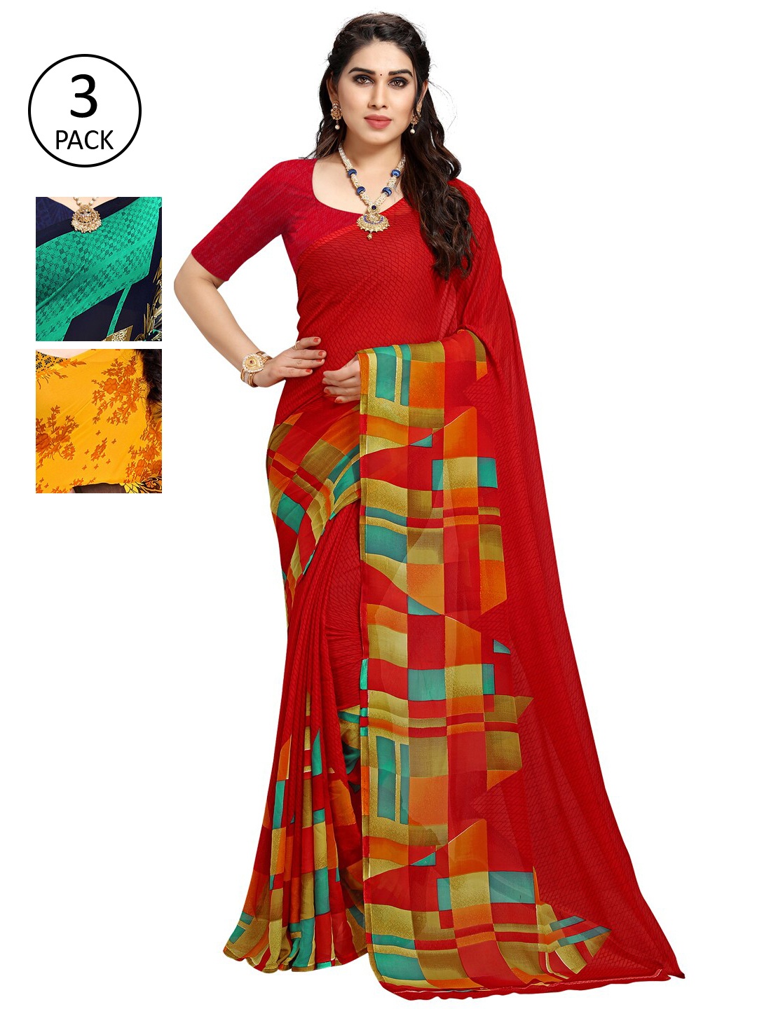 

KALINI Pack of 3 Yellow & Red Printed Poly Georgette Sarees