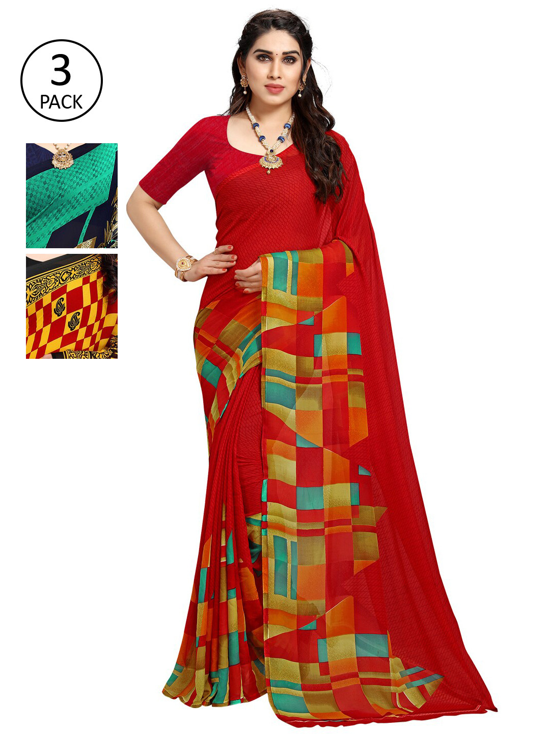

KALINI Pack of 3 Poly Georgette Sarees, Green