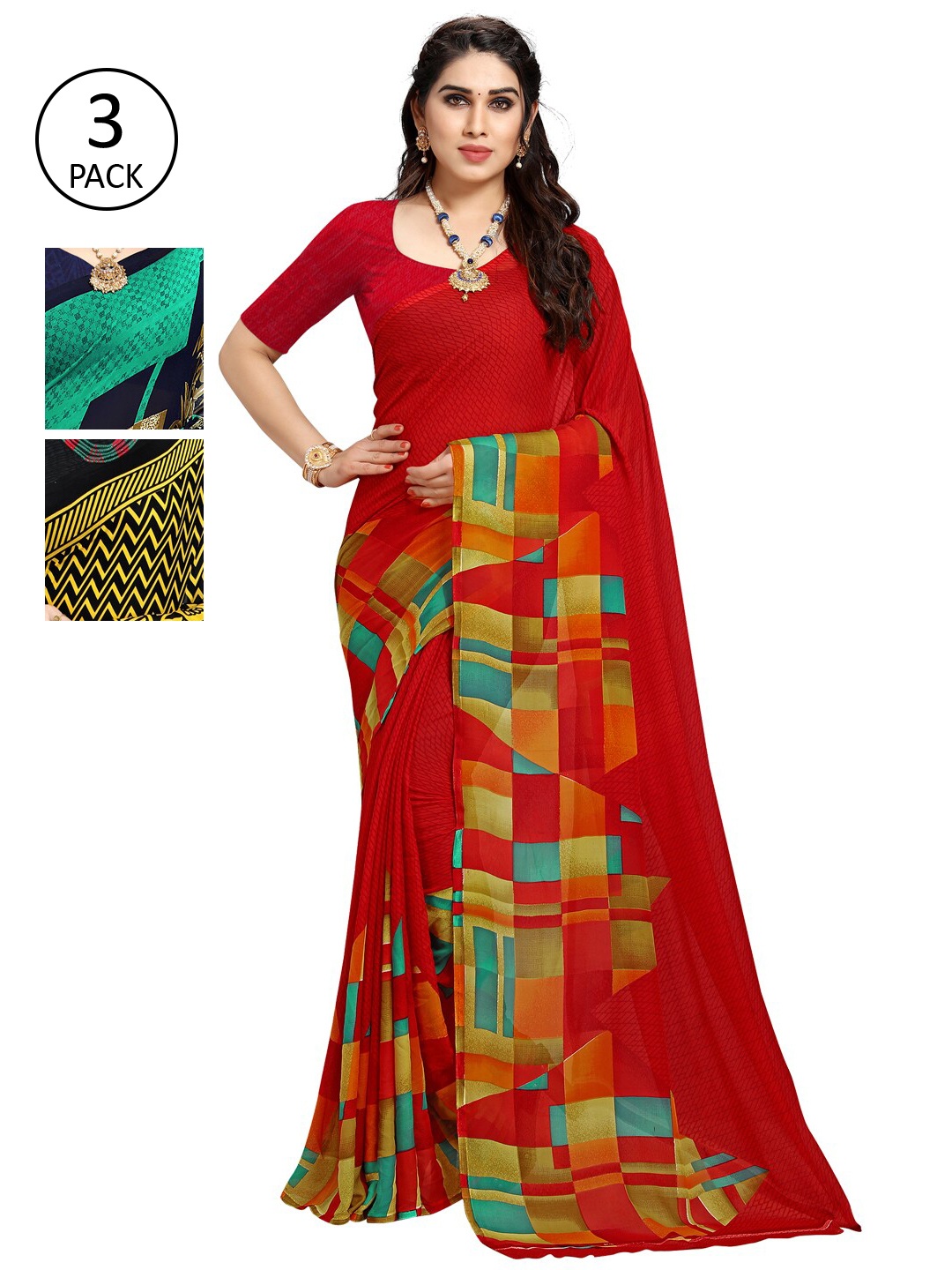

KALINI Pack Of 3 Poly Georgette Printed Sarees, Multi