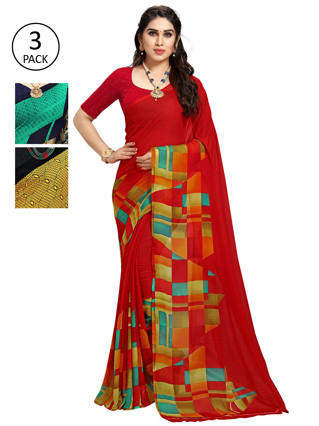 

KALINI Pack Of 3 Green & Yellow Saree