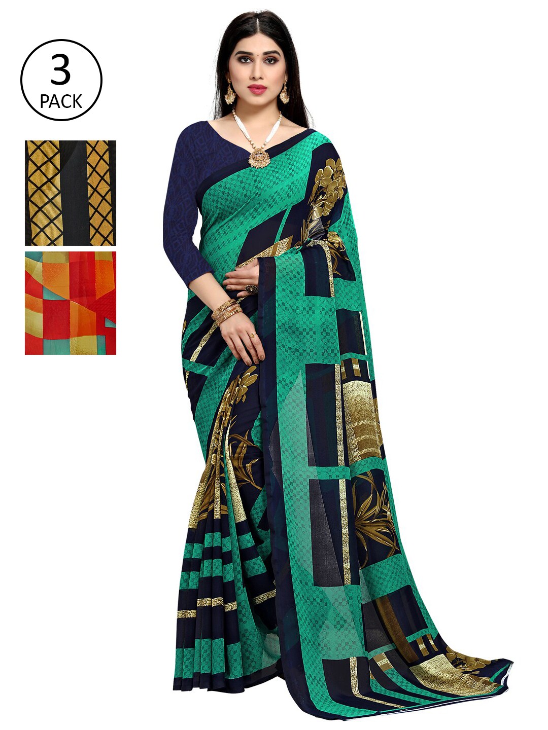 

KALINI Pack of 3 Poly Georgette Sarees, Green
