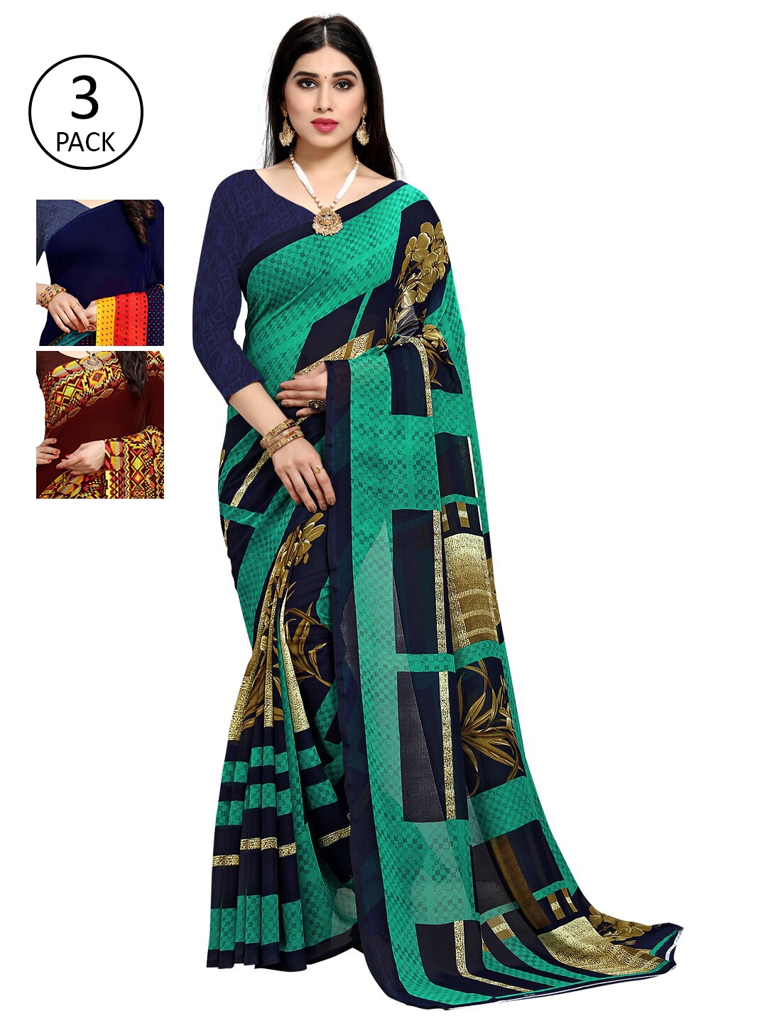 

KALINI Teal & Navy Blue Set Of 3 Printed Sarees