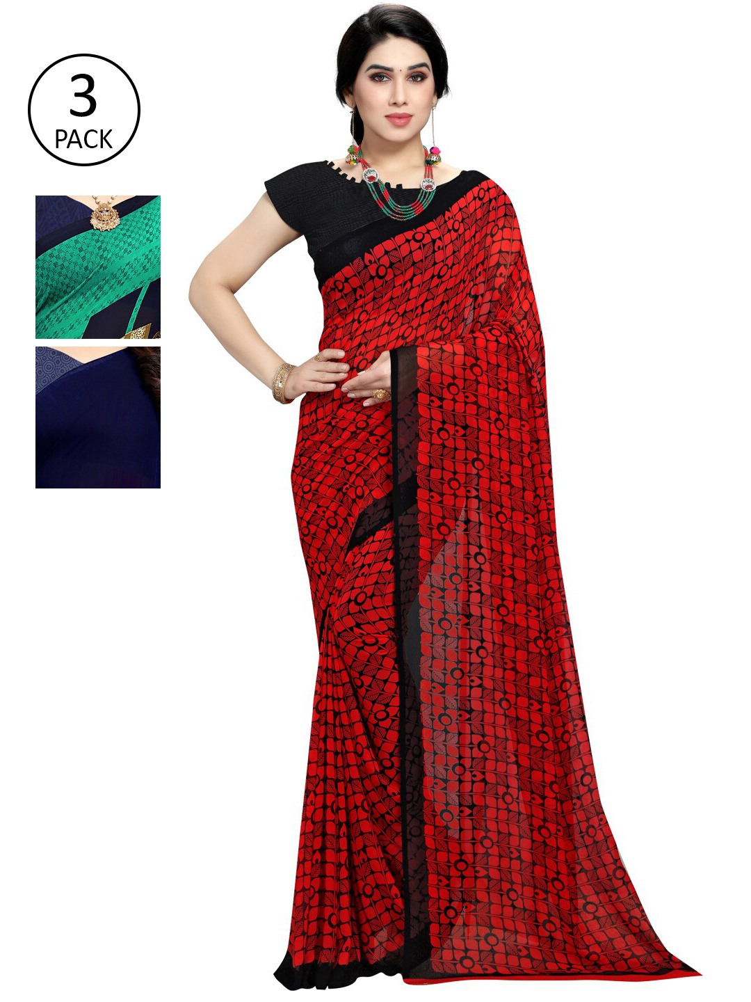 

KALINI Pack of 3 Green & Navy Blue Printed Poly Georgette Sarees