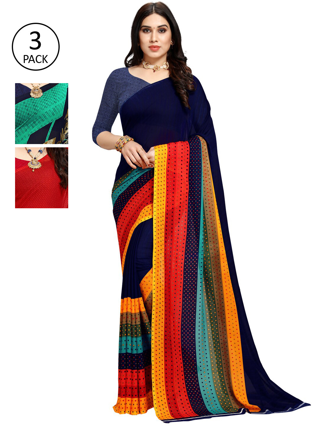 

KALINI Pack of 3 Poly Georgette Saree, Green