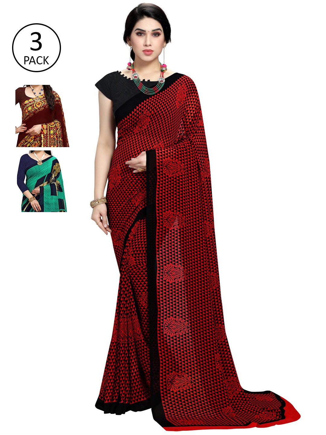 

KALINI Brown & Green Pack of 3 Saree