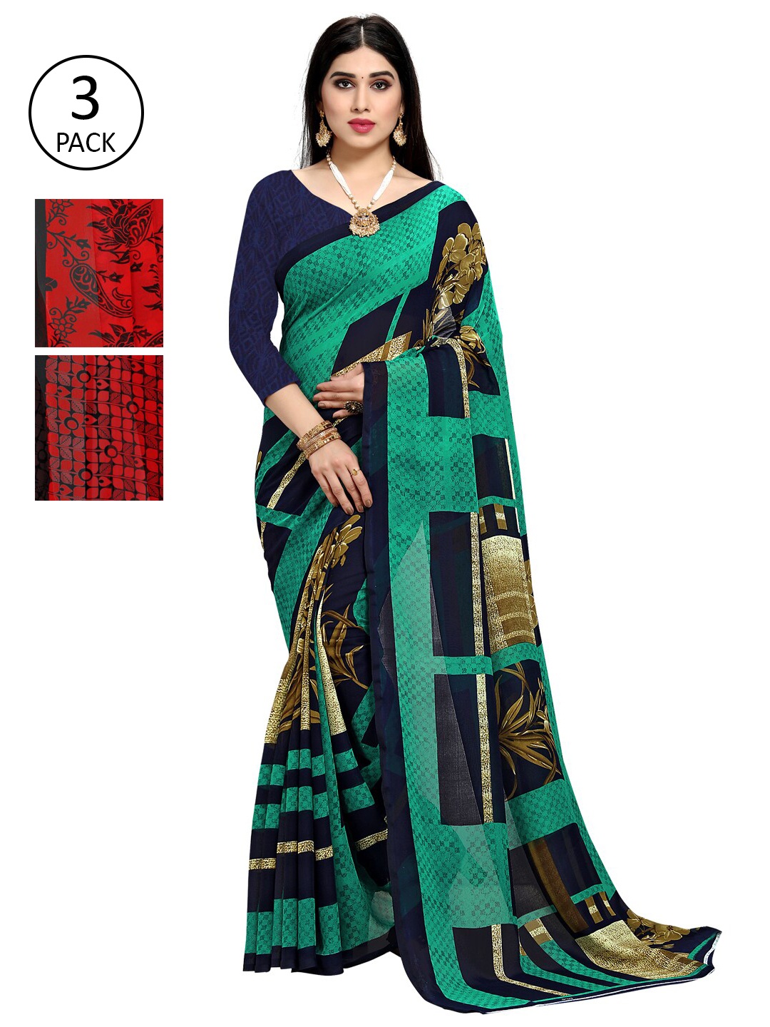 

KALINI Women Pack Of 3 Poly Georgette Printed Sarees, Green