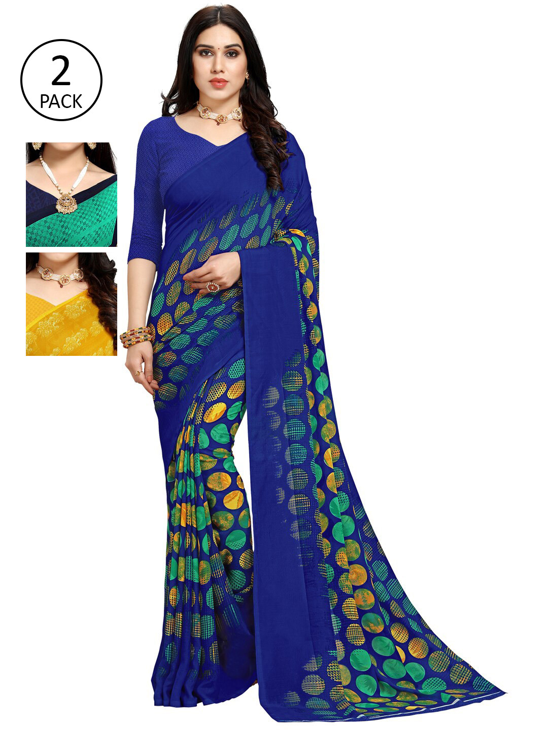 

KALINI Pack of 3 Printed Poly Georgette Sarees, Multi