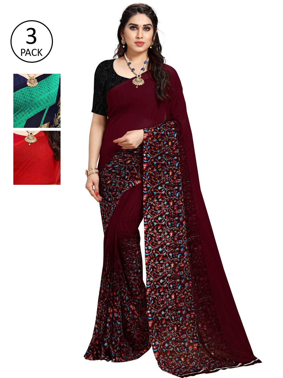 

KALINI Pack of 3 Poly Georgette Saree, Green
