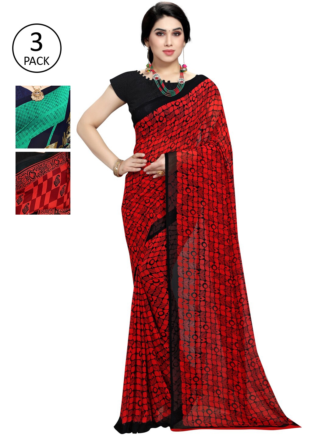 

KALINI Multi Pack of 3 Printed Saree, Green
