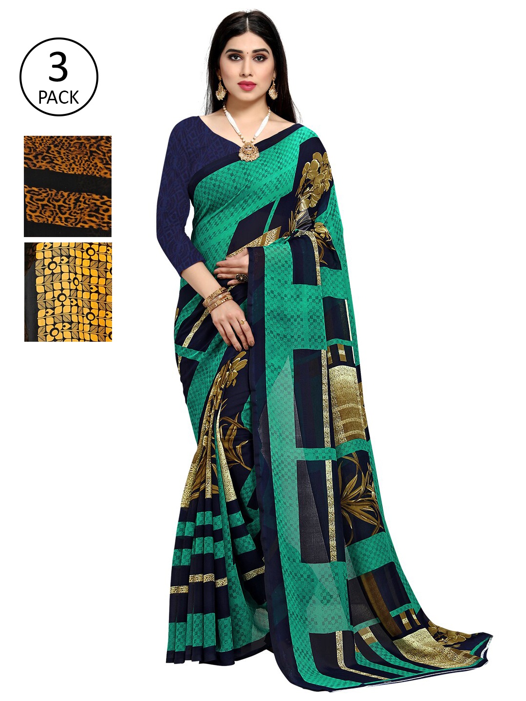 

KALINI Pack Of 3 Khaki & Green Saree
