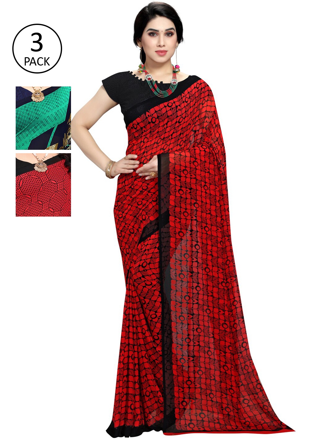 

KALINI Women Pack Of 3 Poly Georgette Printed Sarees, Teal