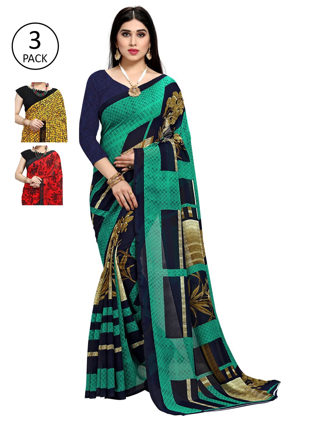 

KALINI Pack of 3 Poly Georgette Sarees, Red
