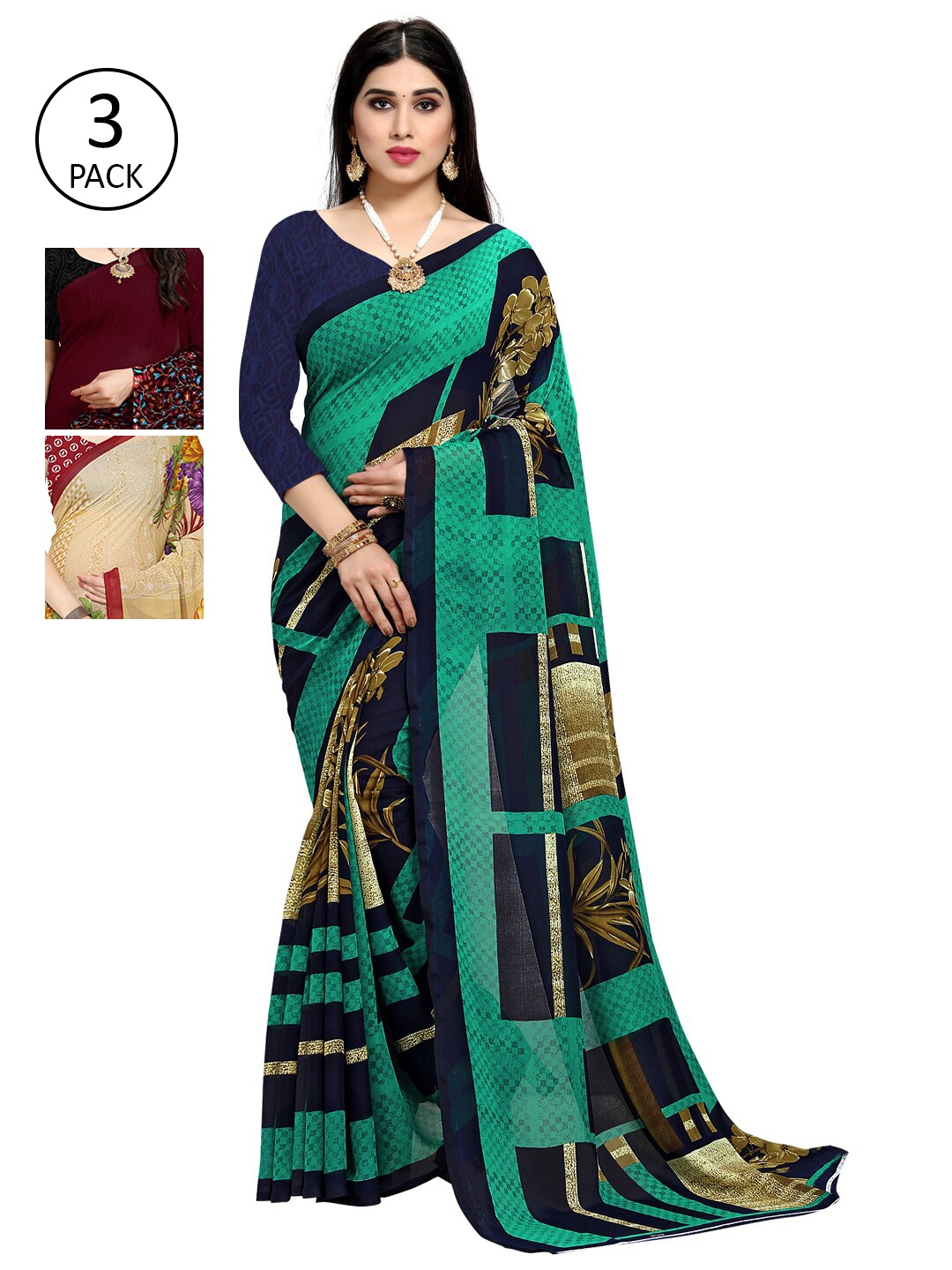 

KALINI Pack Of 3 Printed Saree, Beige