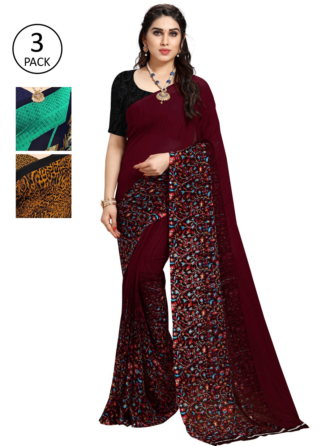 

KALINI Pack of 3 Printed Sarees, Multi