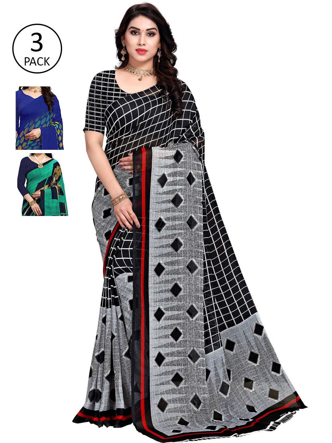 

KALINI Pack of 3 Printed Poly Georgette Sarees, Multi