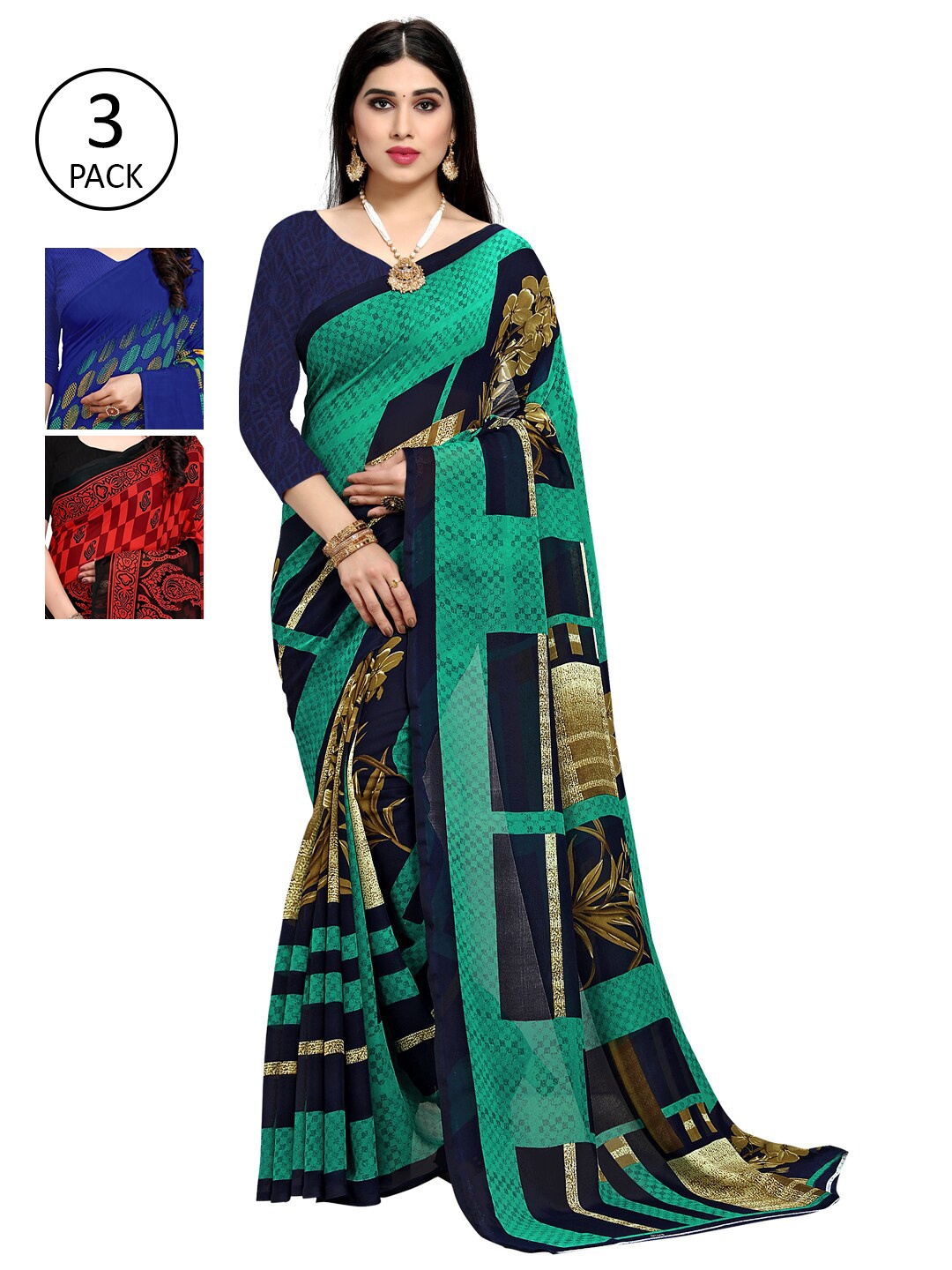 

KALINI Pack of 3 Ethnic Motifs Sarees, Green