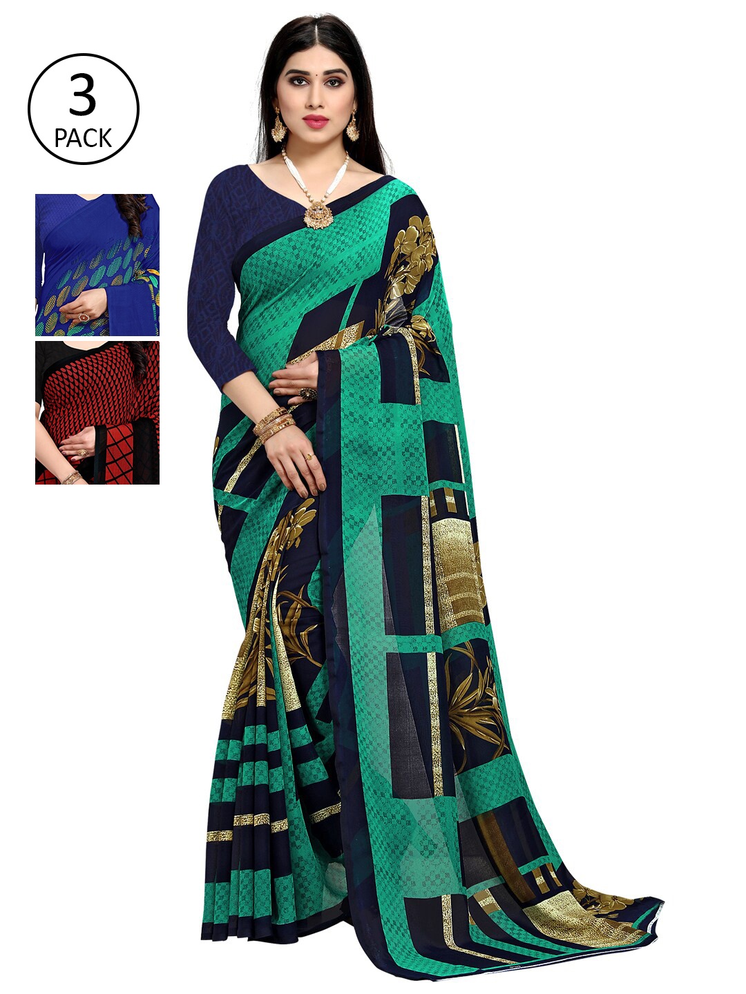 

KALINI Pack Of 3 Printed Saree, Green