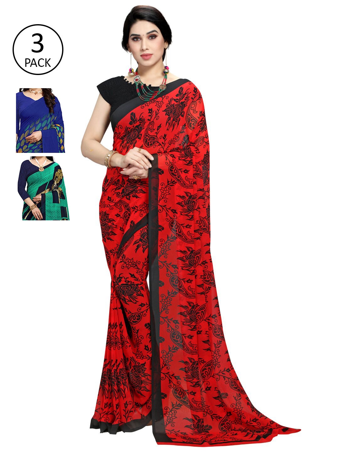 

KALINI Pack of 3 Red & Black Printed Poly Georgette Sarees