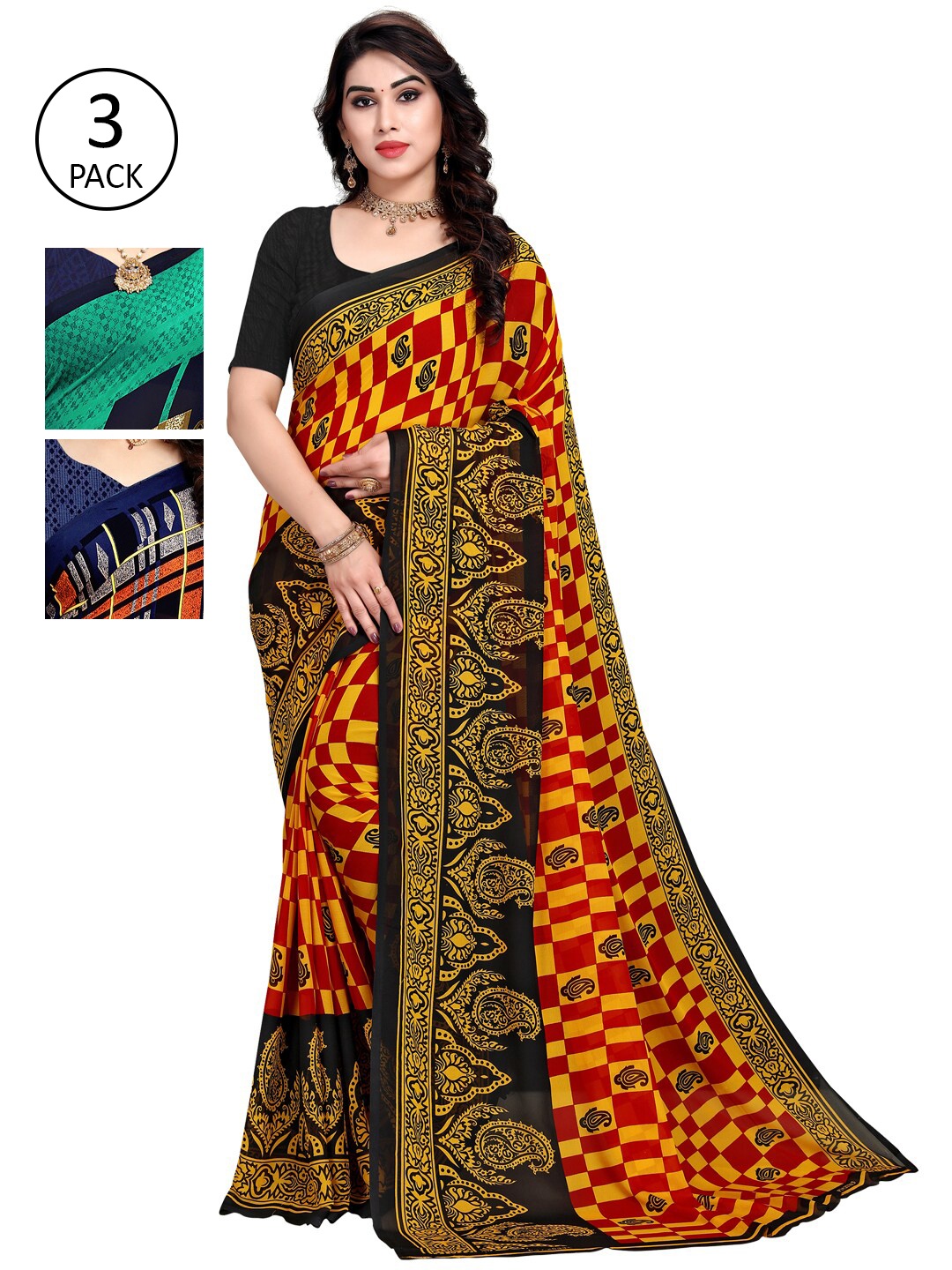 

KALINI Navy Blue & Green Pack of 3 Floral Saree