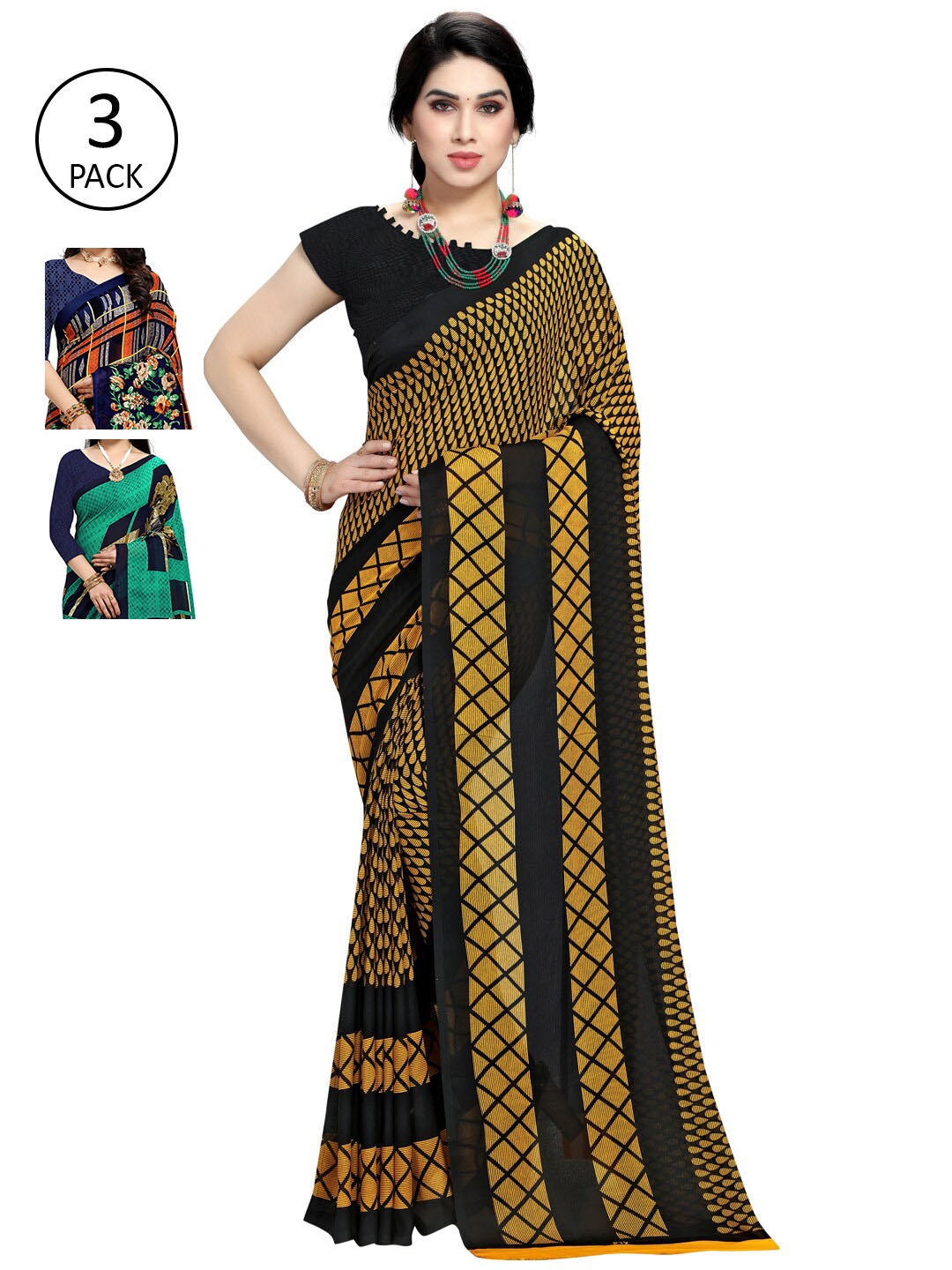 

KALINI Pack Of 3 Printed Poly Georgette Sarees, Teal