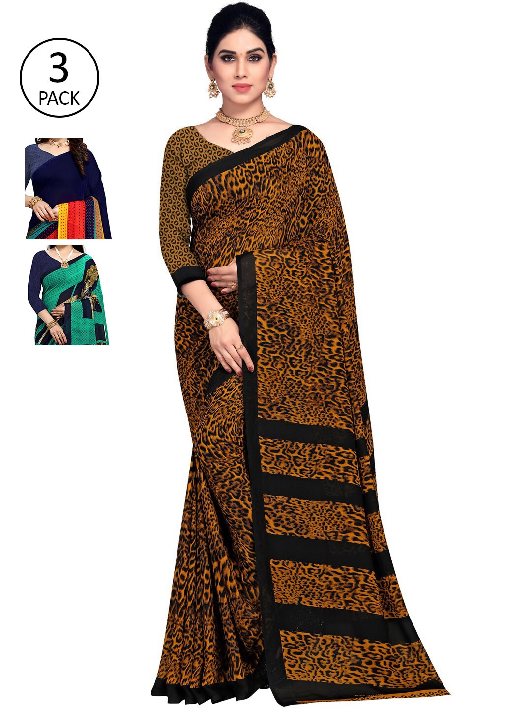 

KALINI Pack of 3 Poly Georgette Saree, Blue