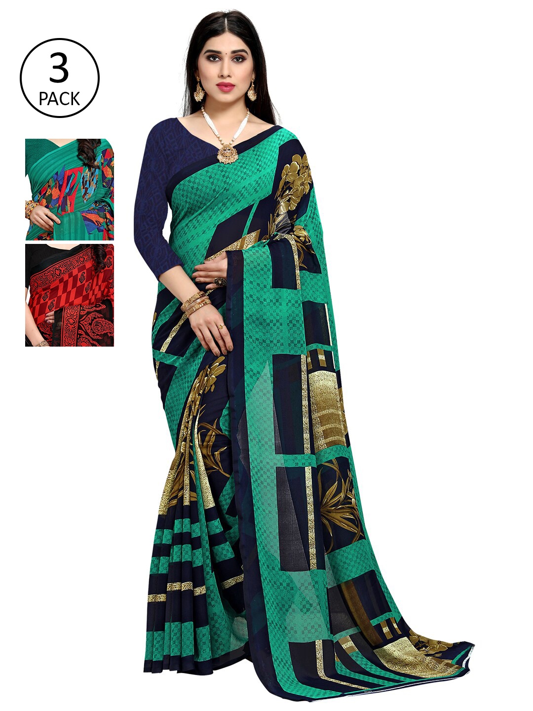 

KALINI Pack of 3 Poly Georgette Sarees, Navy blue