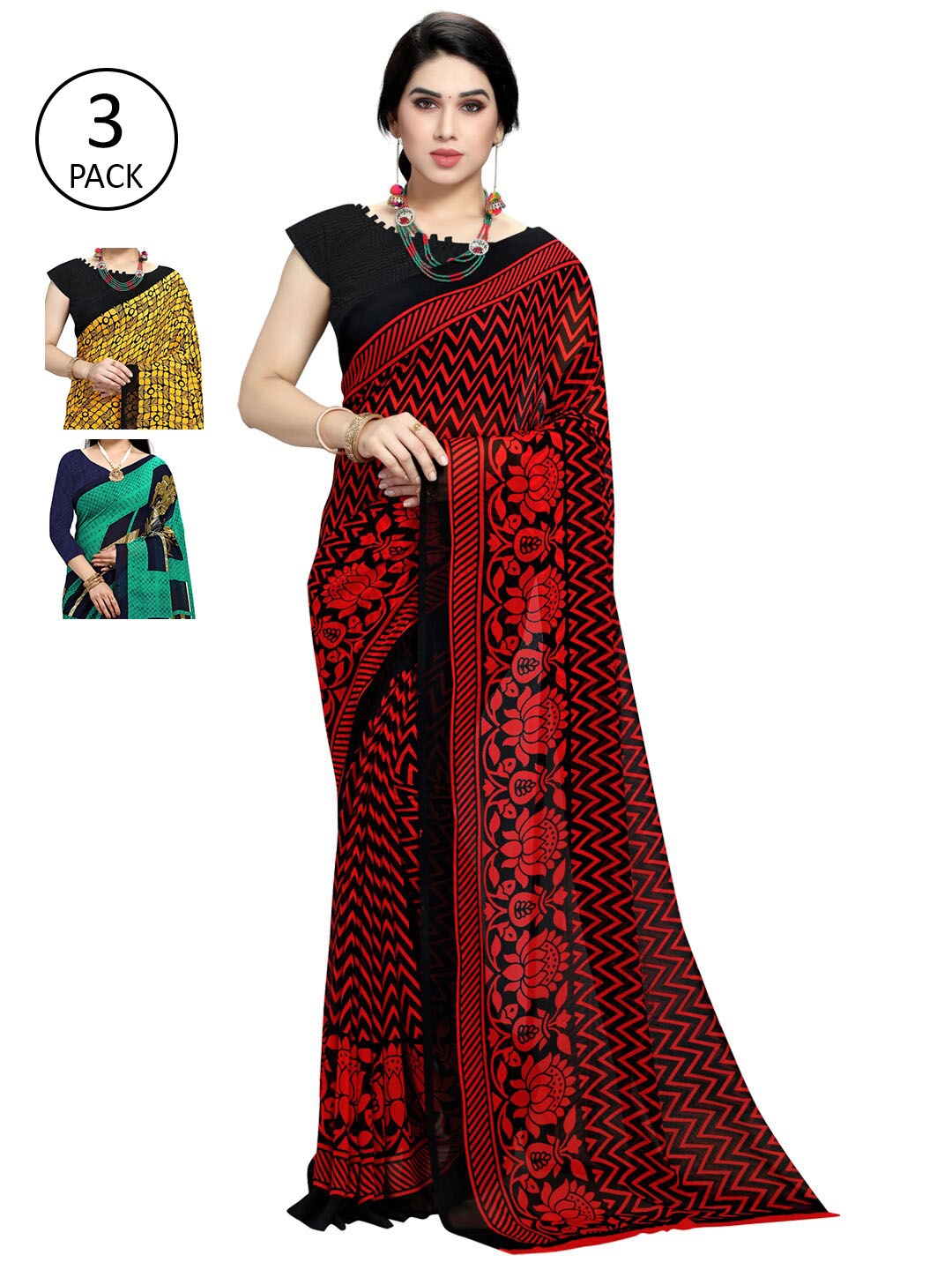 

KALINI Pack Of 3 Printed Sarees, Teal
