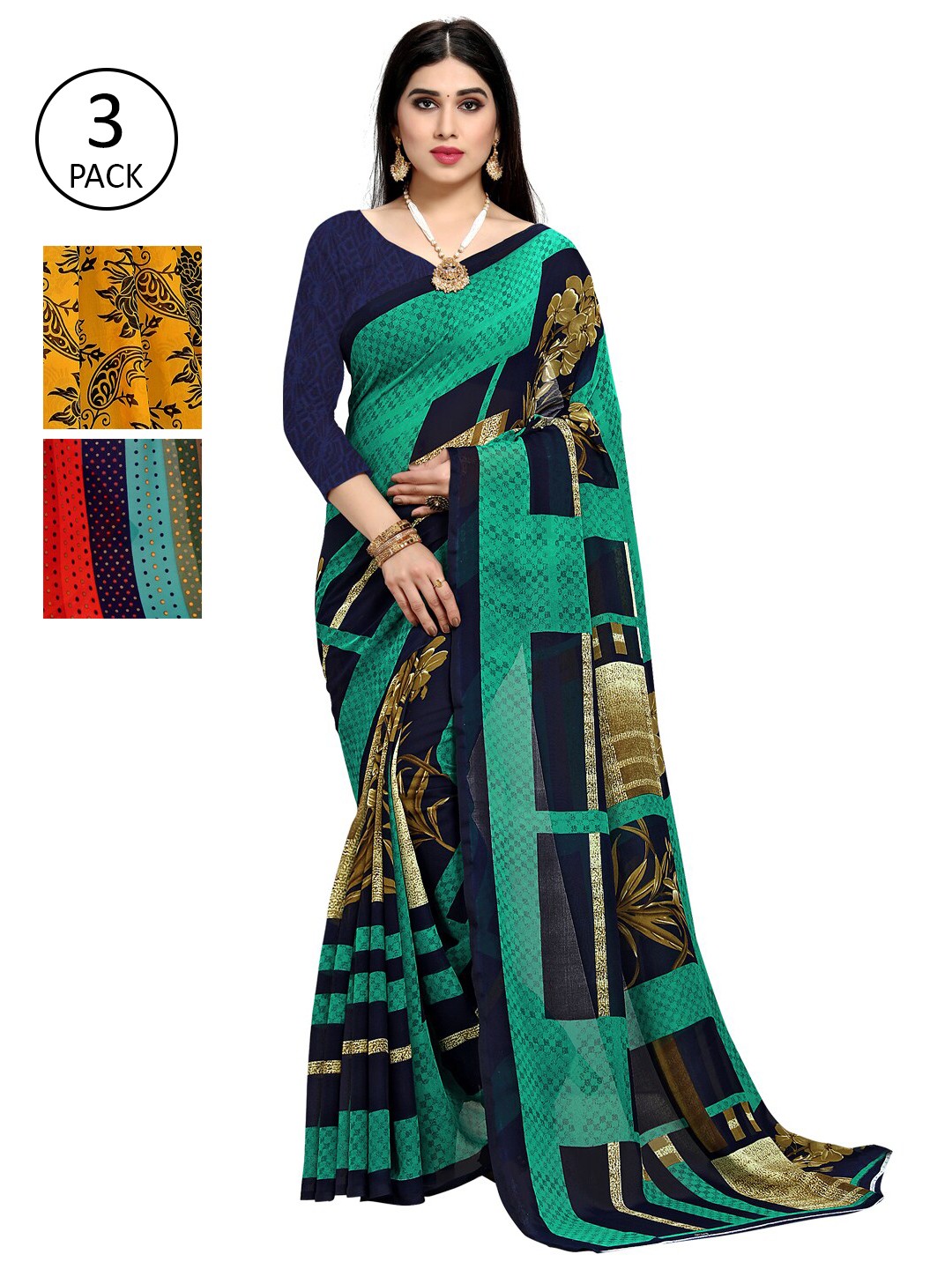 

KALINI Pack of 3 Printed Poly Georgette Sarees, Multi
