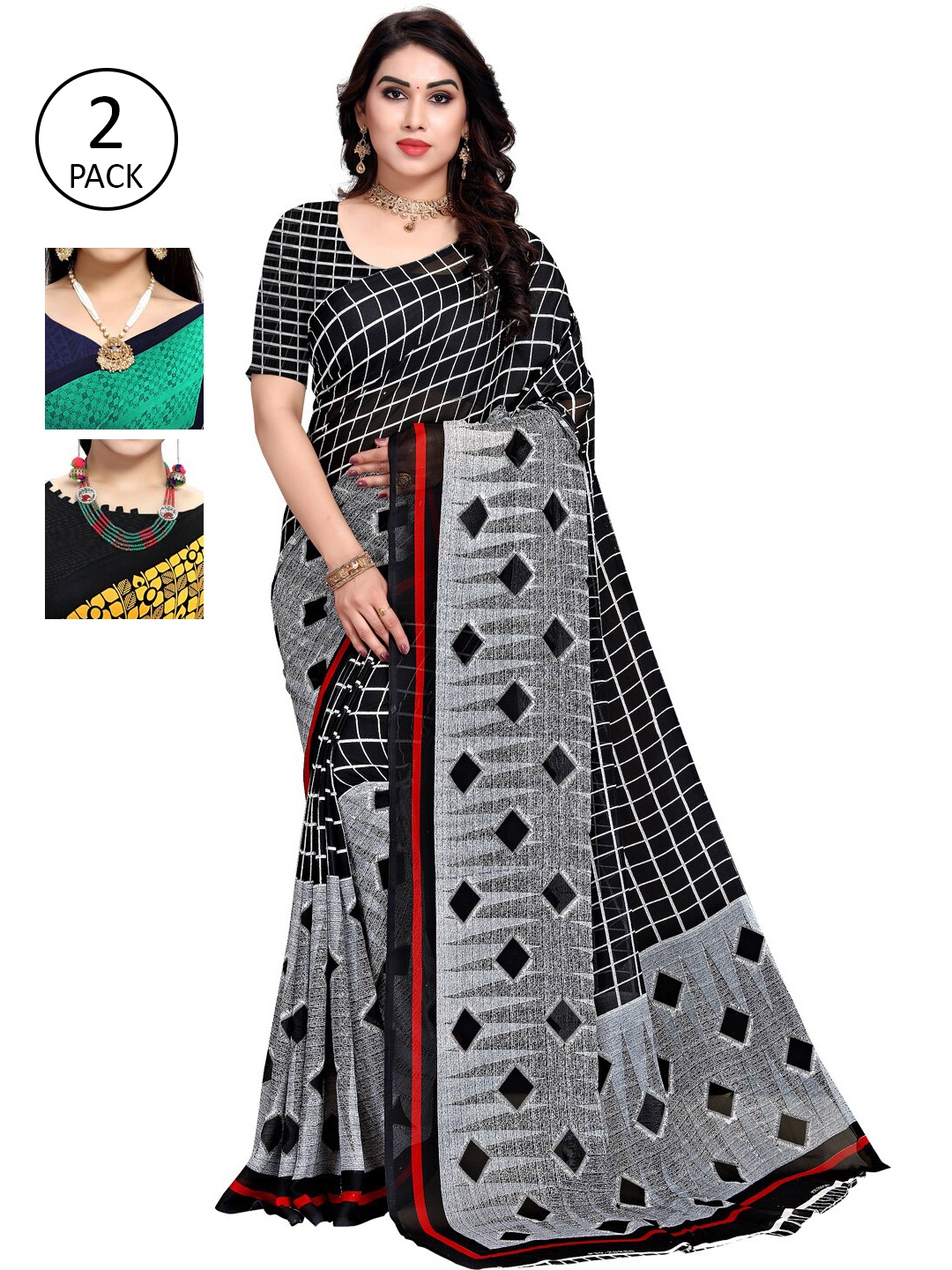 

KALINI Pack of 3 Poly Georgette Saree, Black