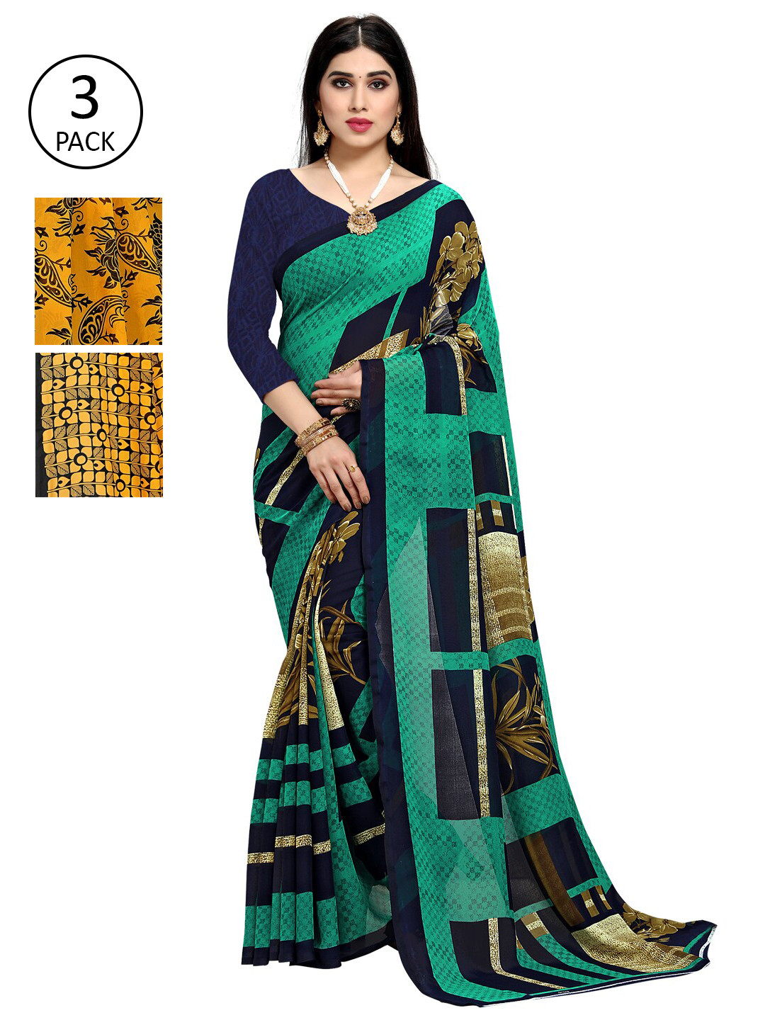 

KALINI Pack of 3 Poly Georgette Sarees, Blue