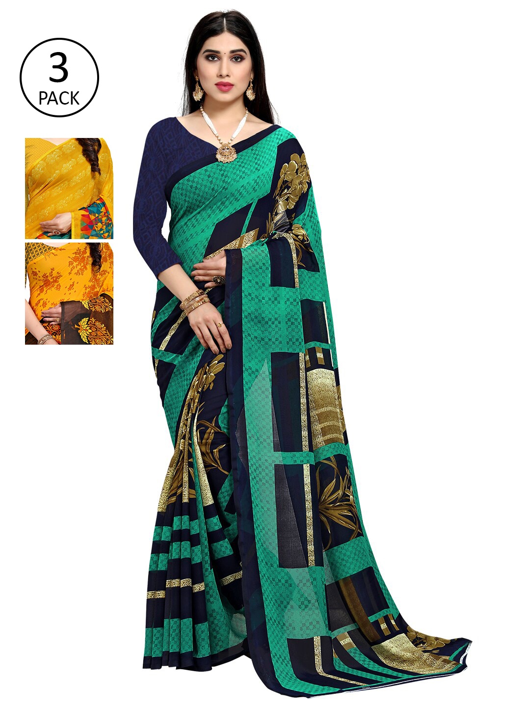 

KALINI Women Pack Of 3 Printed Sarees, Yellow