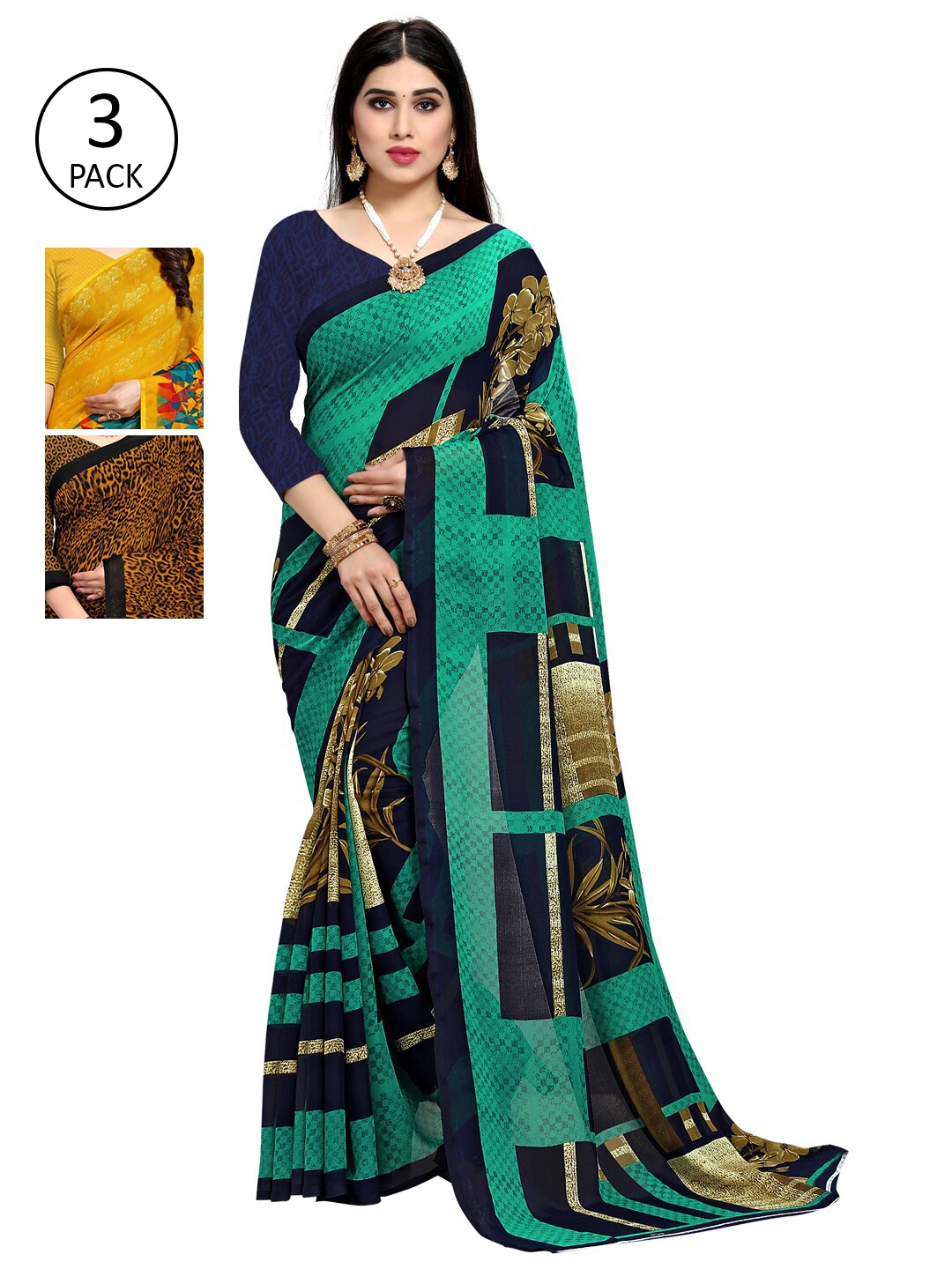 

KALINI Pack Of 3 Printed Poly Georgette Sarees, Green