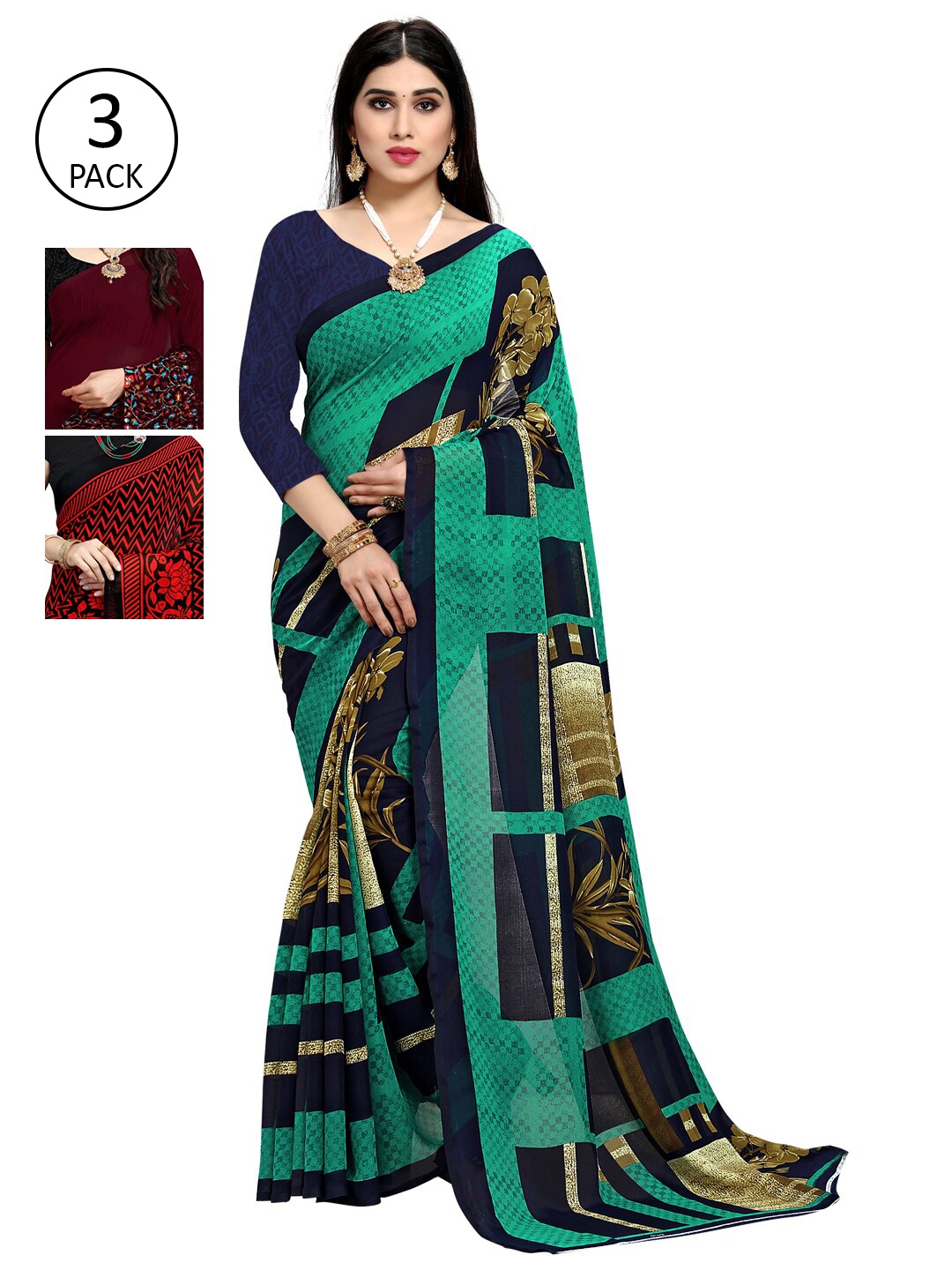 

KALINI Pack Of 3 Printed Sarees, Green