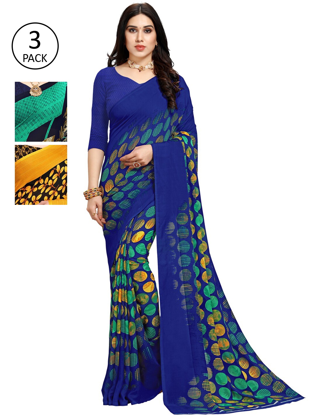 

KALINI Women Pack Of 3 Printed Sarees, Blue